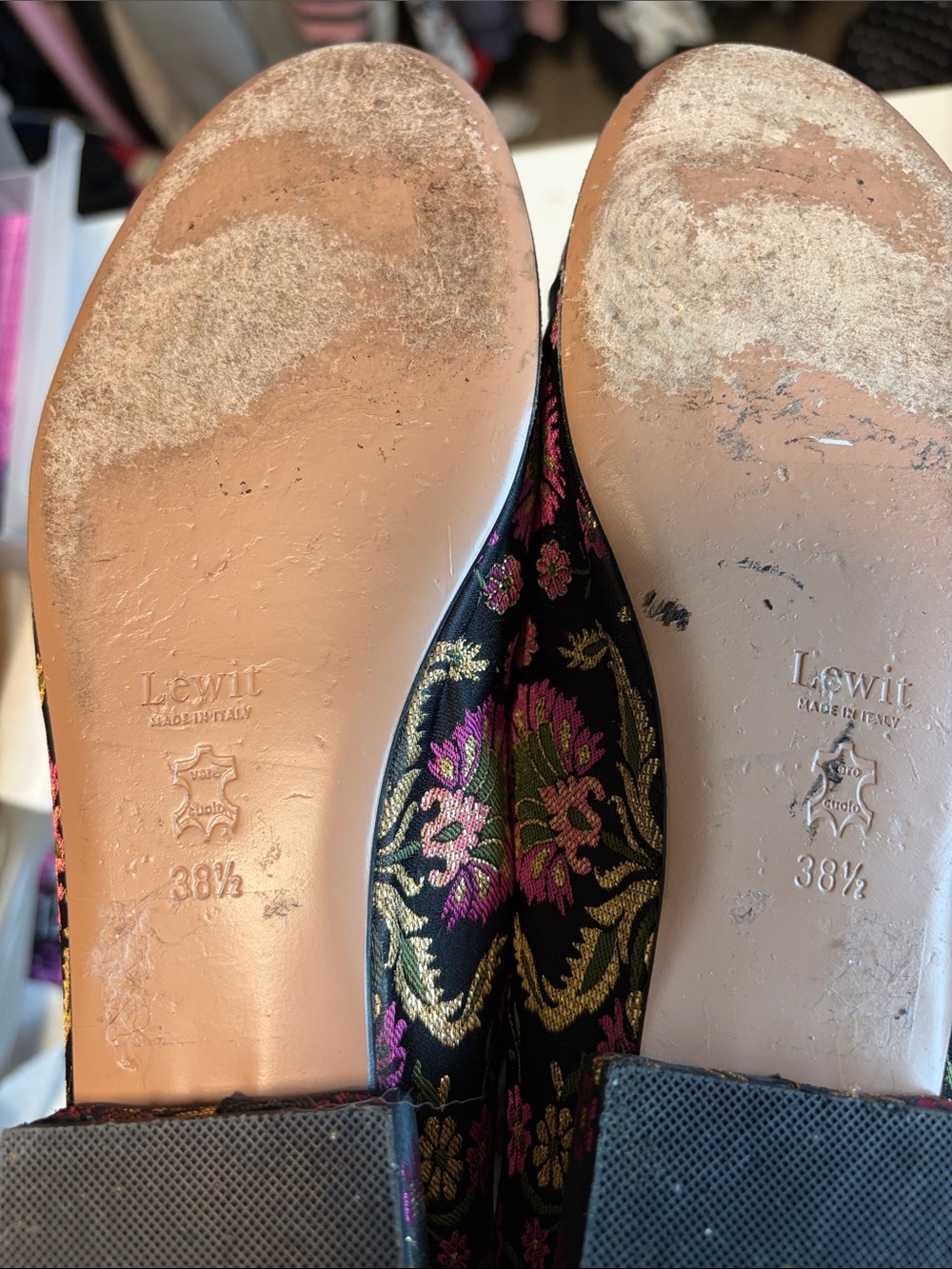 Lewit Black Brocade Loafers with Pink & Gold Floral Embroidery - Picture 2 of 3